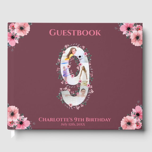 Big 9th Birthday Photo Collage Flower Girl Pink Guest Book (Front)