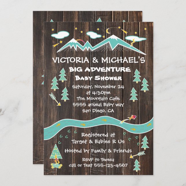Big adventure rustic mountain folk art baby shower invitation (Front/Back)