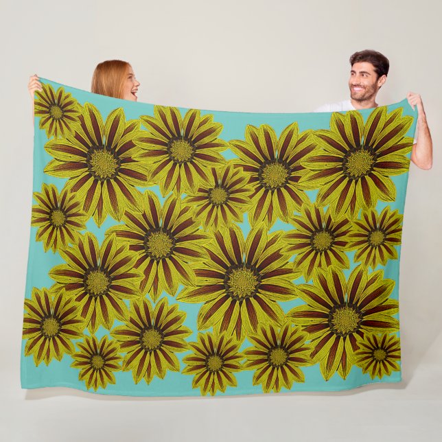 big and bold yellow flowers with red stripes daisy fleece blanket (In Situ)