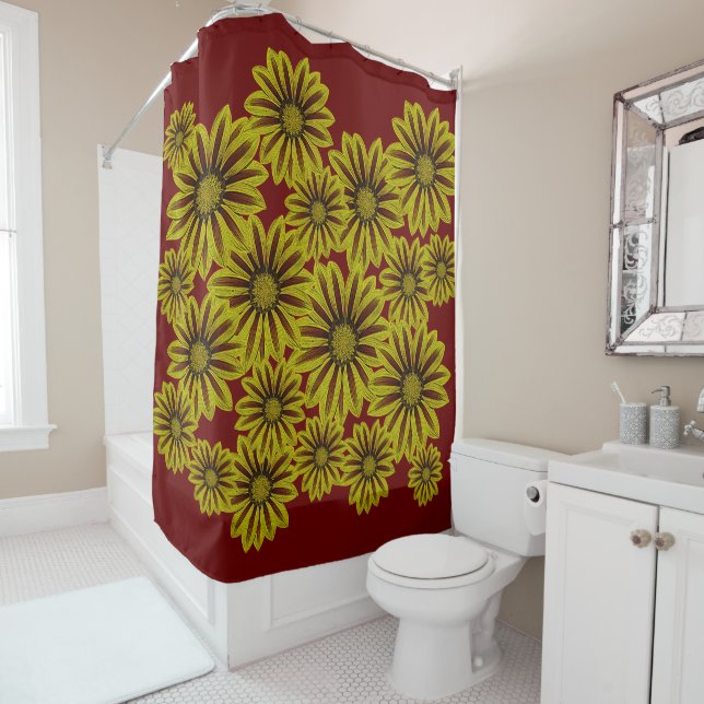big and bold yellow flowers with red stripes daisy shower curtain (In Situ)