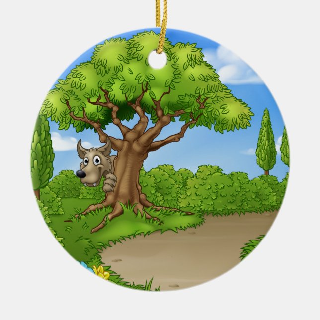 Big Bad Wolf Peeking From Tree Ceramic Tree Decoration (Front)