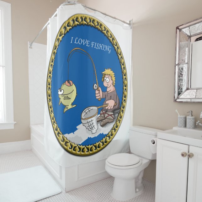 Big bass fisherman fishing on the ice shower curtain (In Situ)