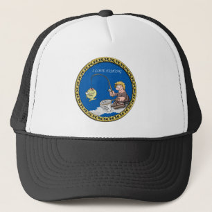 Big bass fisherman fishing on the ice trucker hat