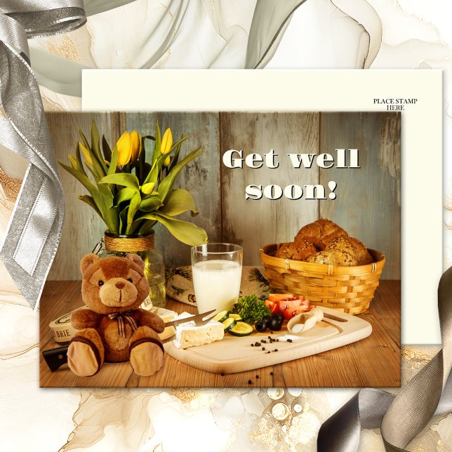 Big Bear Hug Get Well Soon Postcard (Retro get well soon postcard featuring a cute teddy bear at a table with fresh food and flowers)