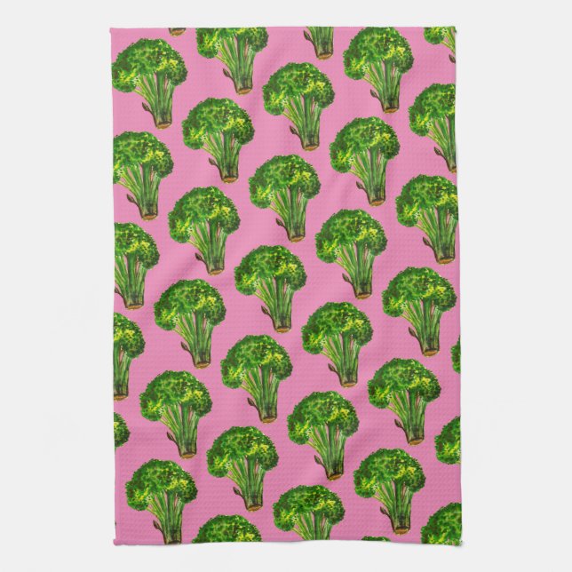 Big beautiful broccoli eat your veggies pink tea towel (Vertical)
