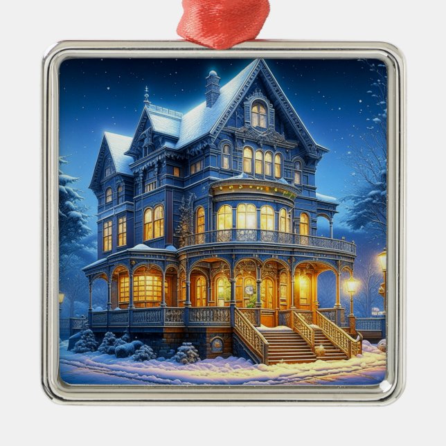 Big Beautiful Victorian House at Christmas Metal Ornament (Front)