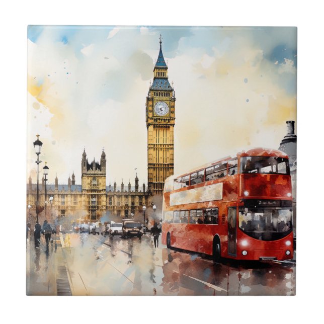 Big Ben and red bus in London Ceramic Tile (Front)