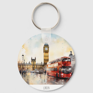 Big Ben and red bus in London Key Ring