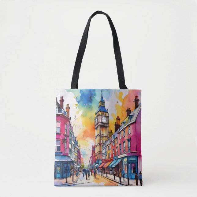 Big Ben and Vibrant London Street Watercolour Tote Bag (Front)