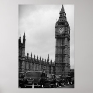 Big Ben en taxi cabs in black and white poster