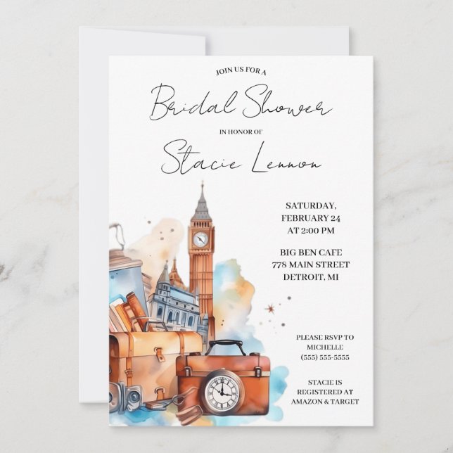 Big Ben, London, UK, Travel Themed Bridal Shower Invitation (Front)