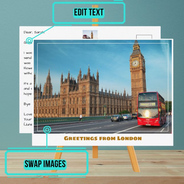 Big Ben & Red Double Decker Bus in London England Postcard (Share your experiences with these stylish template postcards.)