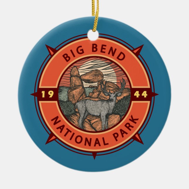 Big Bend National Park Elk Retro Compass Emblem Ceramic Ornament (Front)