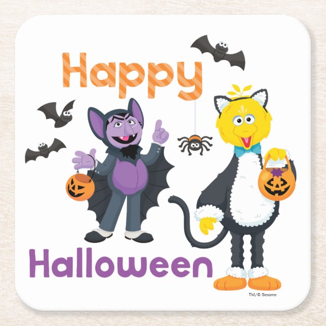 Big Bird and Count | Happy Halloween Square Paper Coaster (Front)