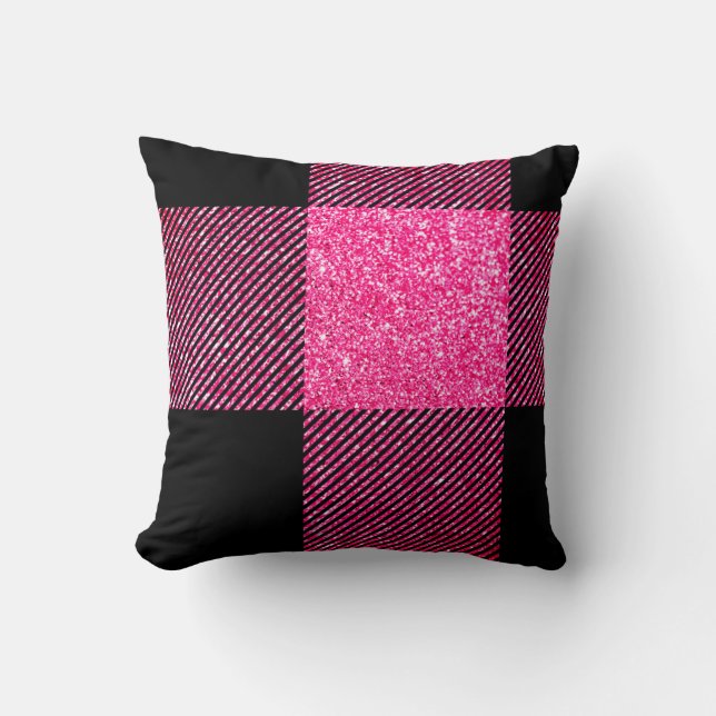 Big Black and Faux Hot Pink Glitter Buffalo Plaid Cushion (Front)