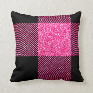 Big Black and Faux Hot Pink Glitter Buffalo Plaid Cushion