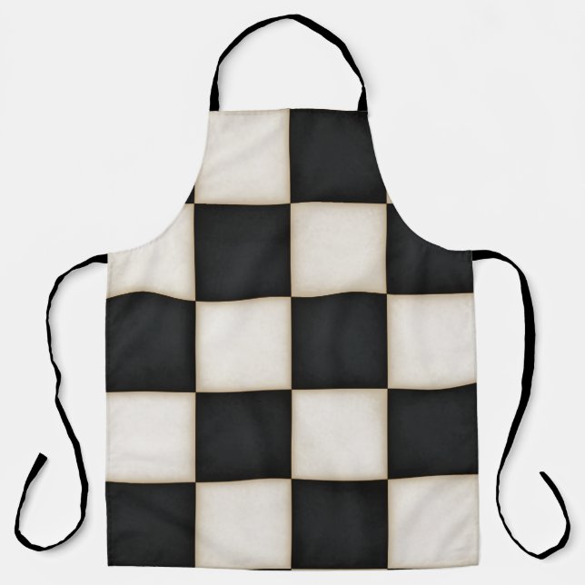 Big Black & Antique White Checkers Large Apron (Front)