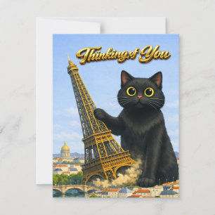 Big Black Cat Topples Eiffel Tower Thinking of You Card
