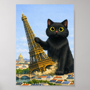 Big Black Cat Topples Eiffel Tower Thinking of You Poster