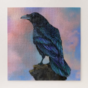 Big Black Common Raven At Sunset Puzzle Gift