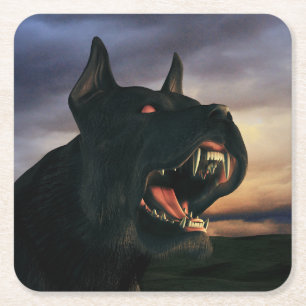 Big, black dog square paper coaster