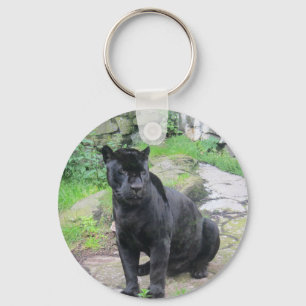 Big Black Jaguar Cat on Sitting on Rock Key Ring