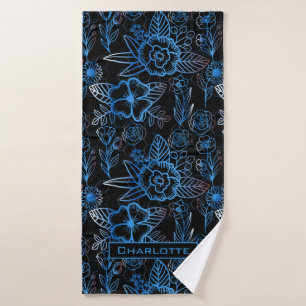 Big blossom floral pattern blue personalised name  bath towel