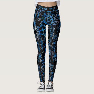 Big blossom floral pattern blue personalised name leggings