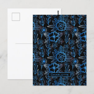 Big blossom floral pattern blue personalised name  postcard