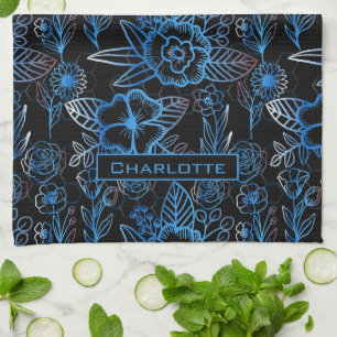 Big blossom floral pattern blue personalised name tea towel