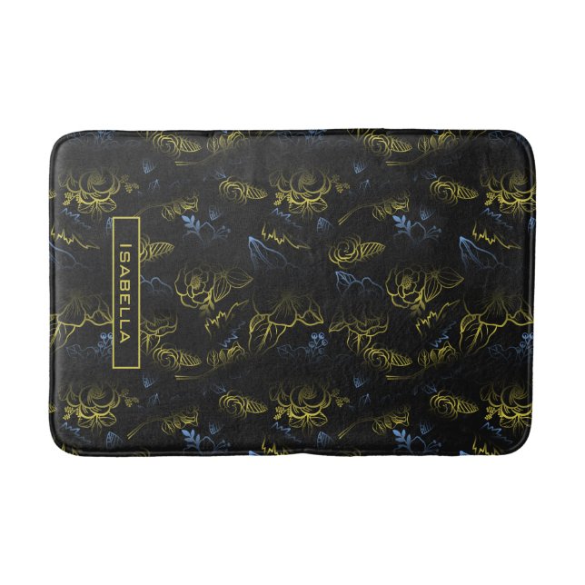 Big blossom floral pattern gold personalised name  bath mat (Front)