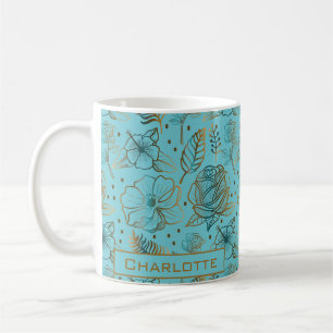 Big blossom floral pattern gold personalised name coffee mug