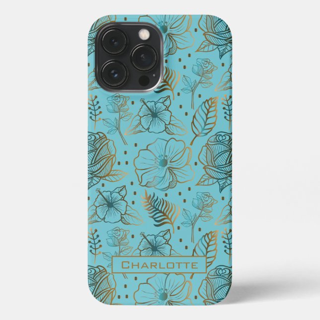 Big blossom floral pattern gold personalised name iPhone case (Back)