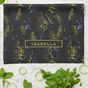 Big blossom floral pattern gold personalised name tea towel
