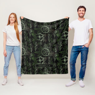 Big blossom floral pattern green personalised name fleece blanket