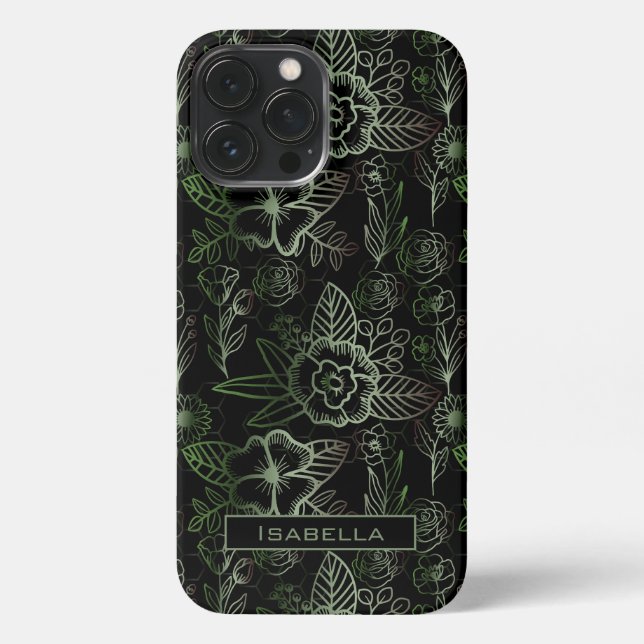 Big blossom floral pattern green personalised name iPhone case (Back)