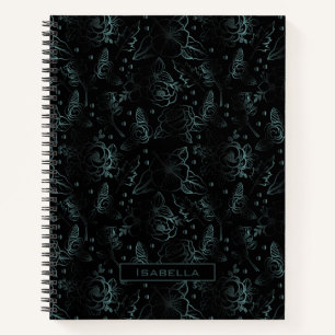 Big blossom floral pattern grey personalised name notebook