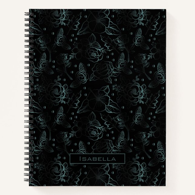 Big blossom floral pattern grey personalised name  notebook (Front)