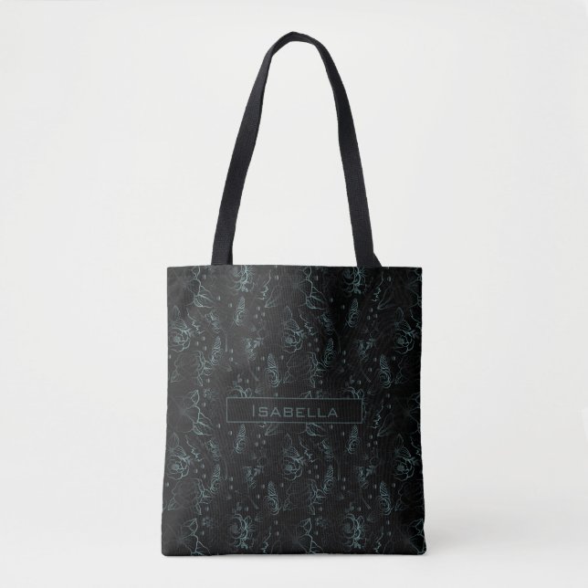 Big blossom floral pattern grey personalised name  tote bag (Front)
