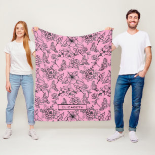 Big blossom floral pattern pink personalised name fleece blanket