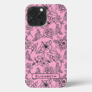Big blossom floral pattern pink personalised name  iPhone 13 pro max case