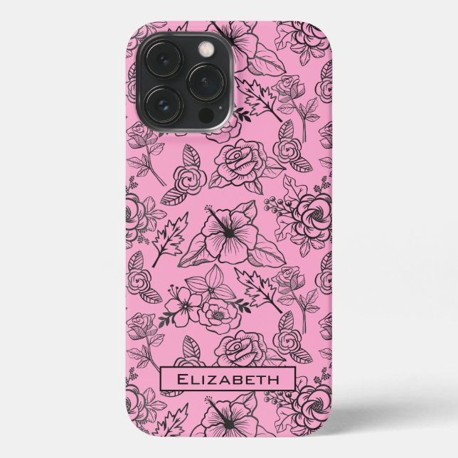 Big blossom floral pattern pink personalised name  iPhone case (Back)