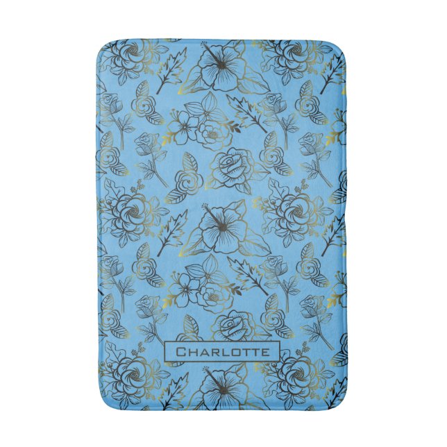 Big blossom floral pattern with personalised name  bath mat (Front Vertical)