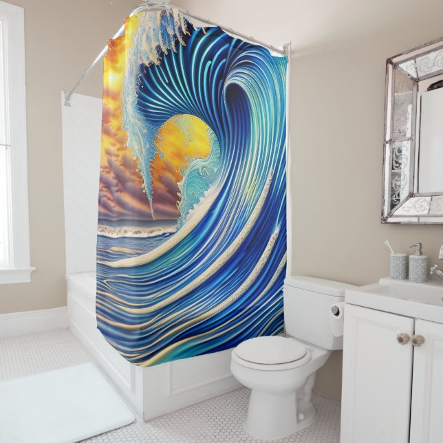 Big Blue Ocean Wave Over Sunset Sky Shower Curtain (In Situ)