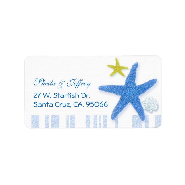 Big Blue Starfish + Stripes Wedding Label (Front)