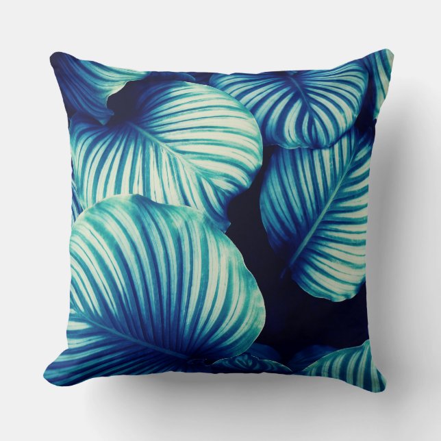 Big Blue Tropical Leaves Cushion (Front)
