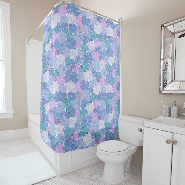 Big Blue Violet Floral Shower Curtain (In Situ)