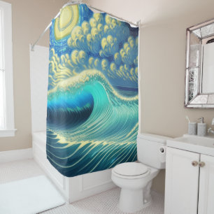 Big Blue Wave Full Moon Clouds Shower Curtain