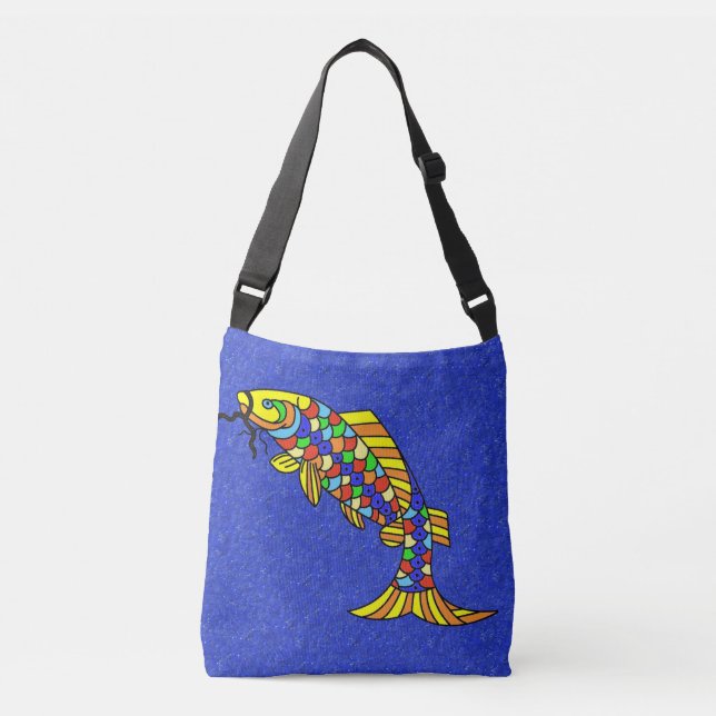 Big Bold Colourful Abstract Fish on Deep Blue Crossbody Bag (Front)