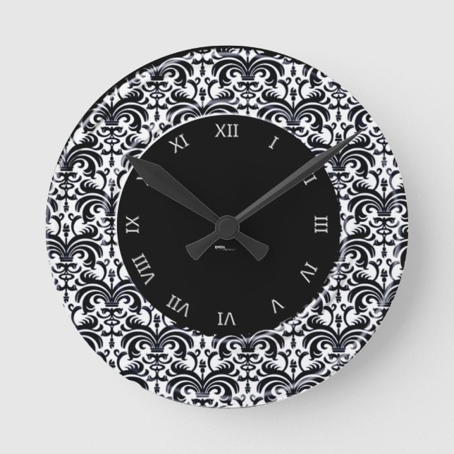 Big Bold Damask (Black) Round Clock (Front)